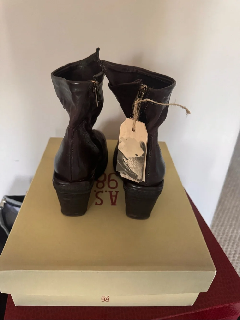 A.S.98 Women's Dark Brown Eggplant  Leather Wedge Ankle Boots New In Box